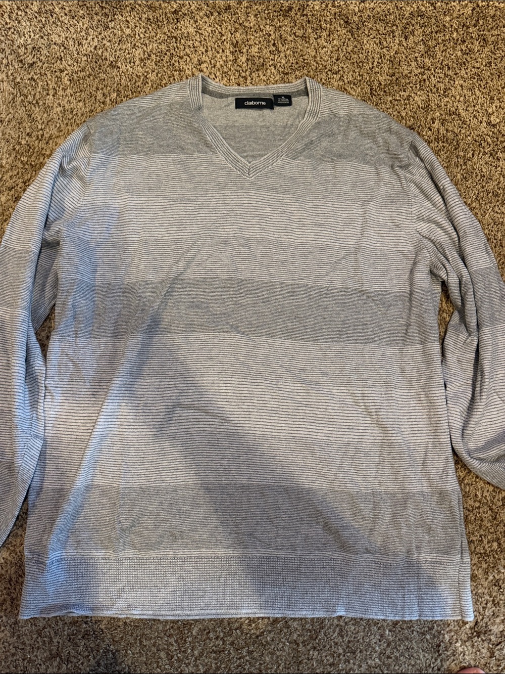 Claiborne Men's Gray Striped V-Neck Sweater